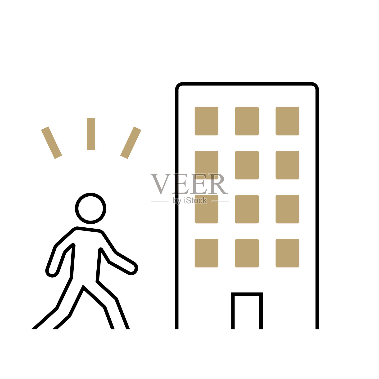 简单的图标插图，描绘一个人走进办公大楼，象征着就业、招聘、工作开始和职业发展。插画图片素材