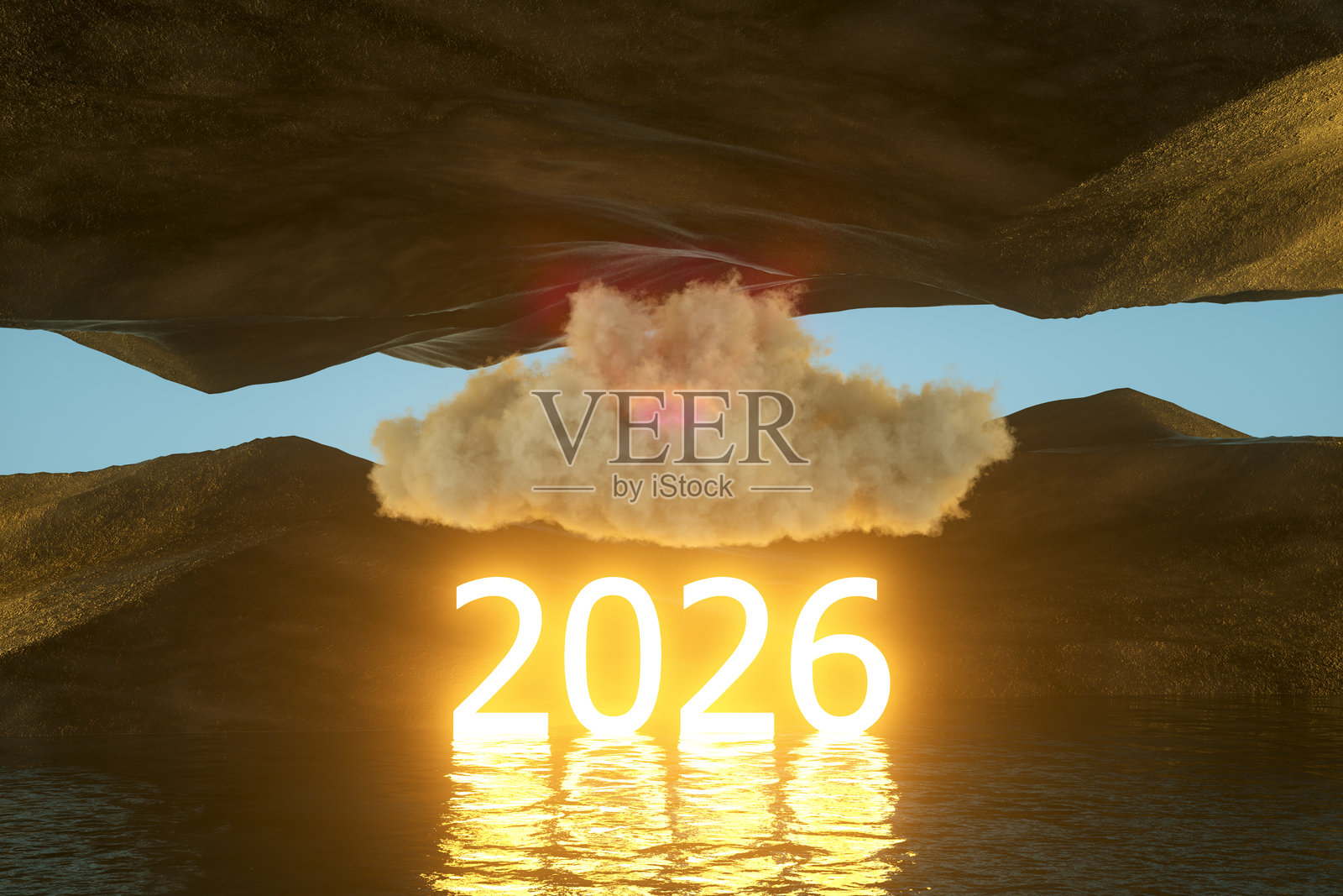 2026年霓虹灯文字与未来主义风景和黑暗海洋照片摄影图片