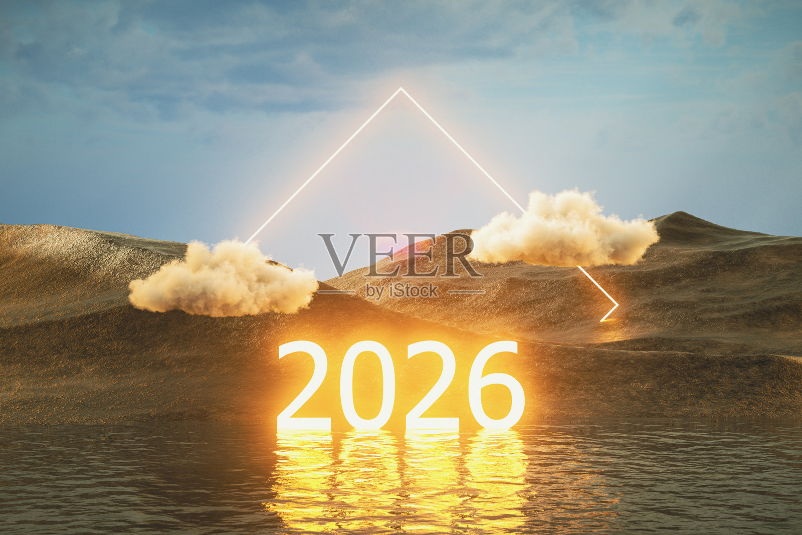 2026年霓虹灯文字与未来主义风景和黑暗海洋照片摄影图片