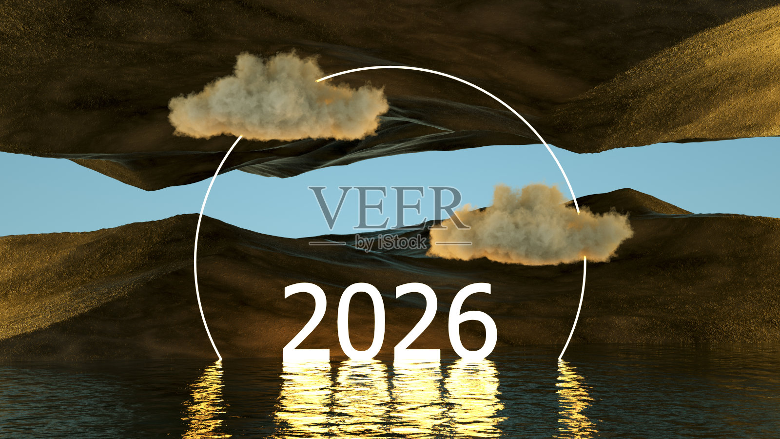 2026年霓虹灯文字与未来主义风景和黑暗海洋照片摄影图片