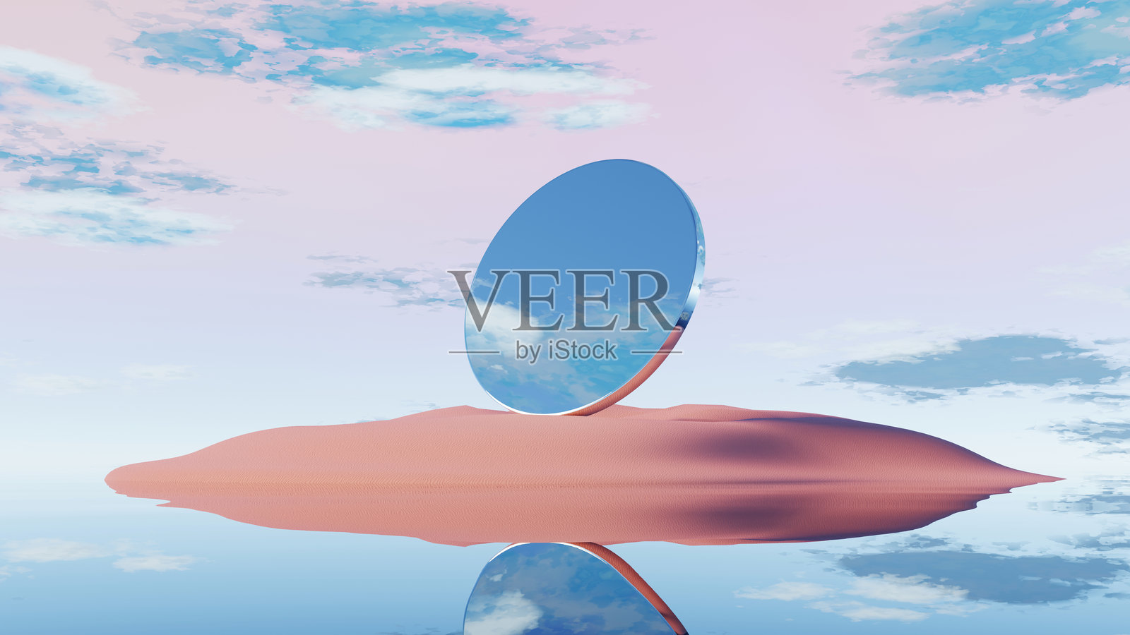 3D渲染的巨型圆形镜子雕塑，置于粉色沙滩上，映照着天空的倒影照片摄影图片