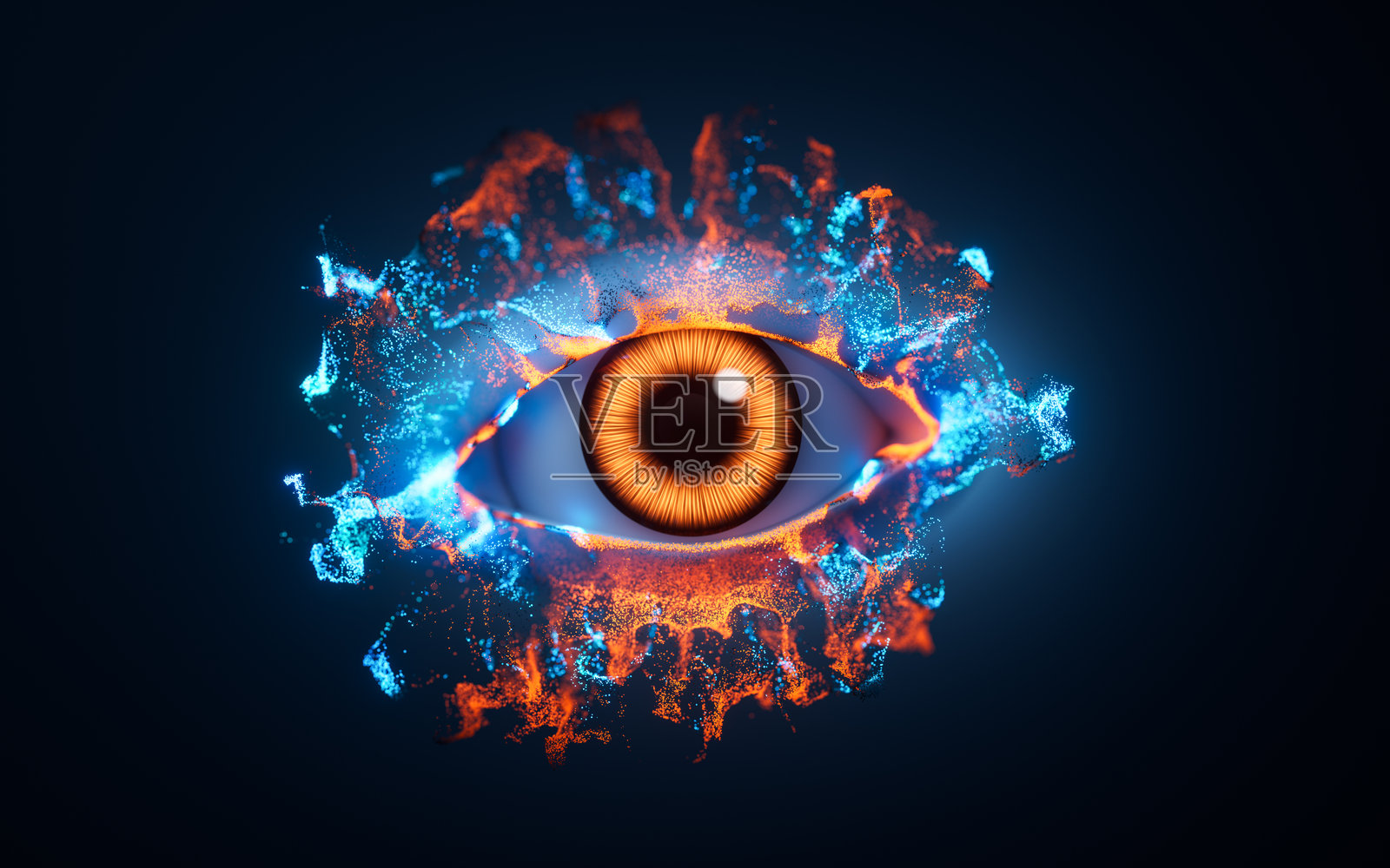 黑暗中的眼睛，带有视觉特效粒子，3D渲染。照片摄影图片