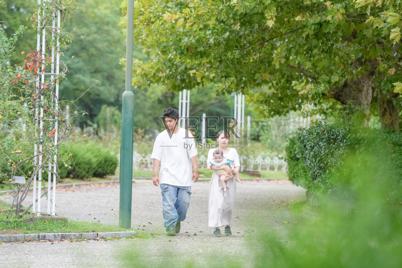 一男一女在公园里带着婴儿散步照片摄影图片