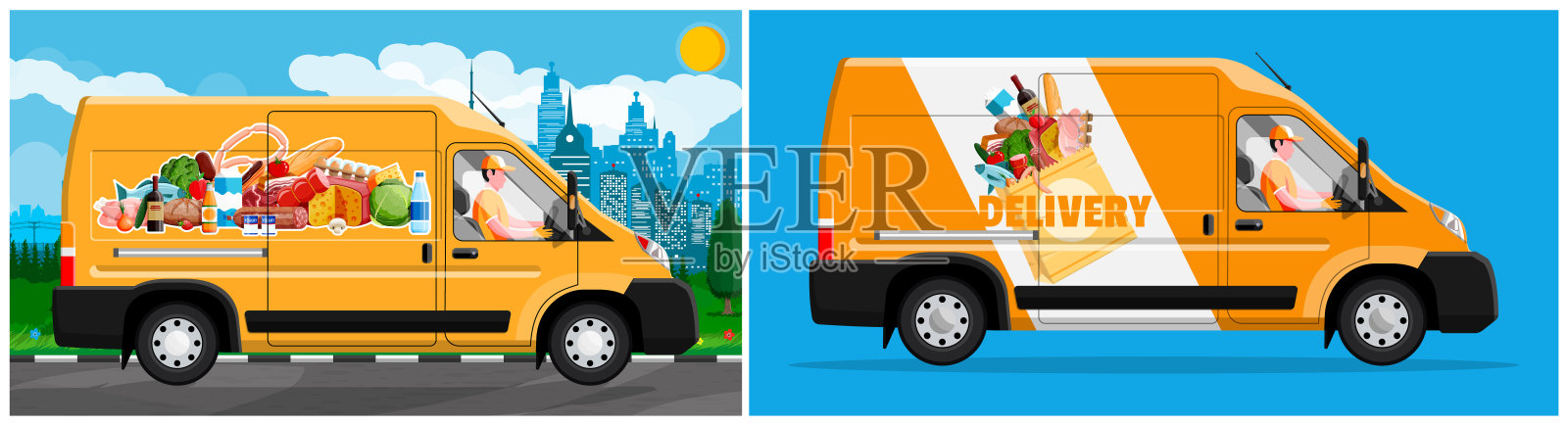 送货员在送货卡车里，手里拿着购物袋插画图片素材