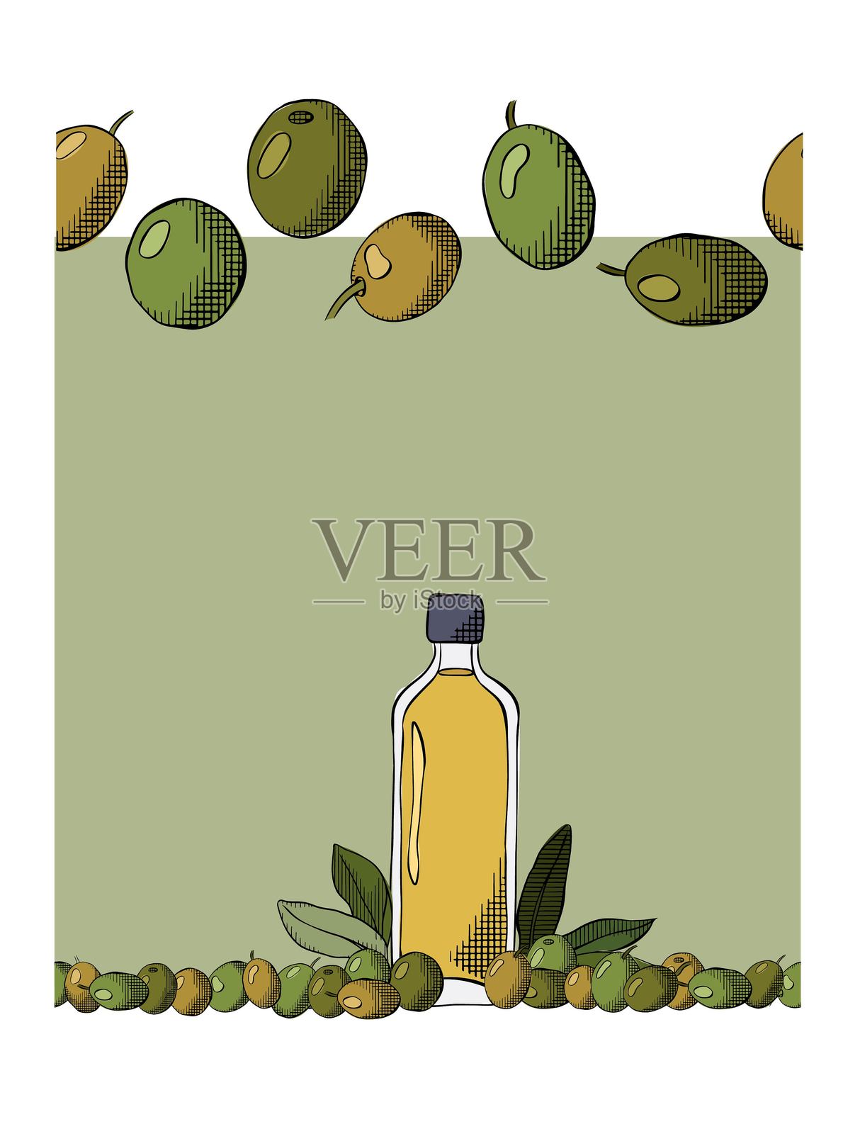 橄榄油、浆果和叶子的无缝边框横向框架模板。矢量图形线条彩色插图。横幅、产品包装、设计概念。插画图片素材