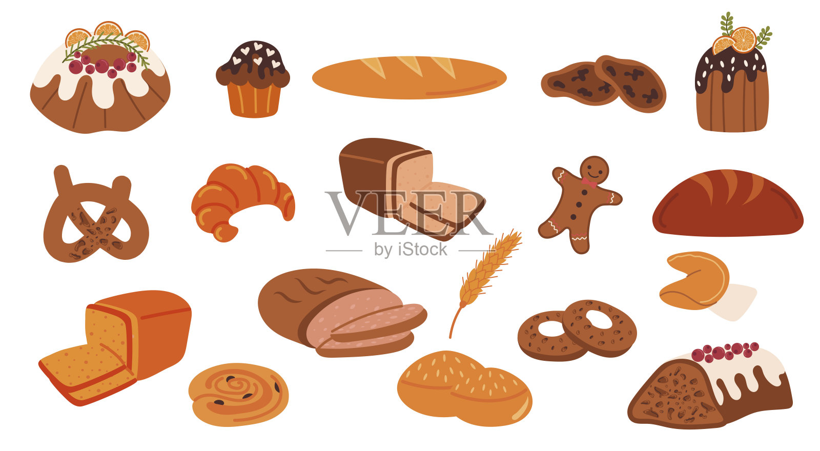 一组各种烘焙食品、甜点和新鲜出炉的面包。矢量图。插画图片素材