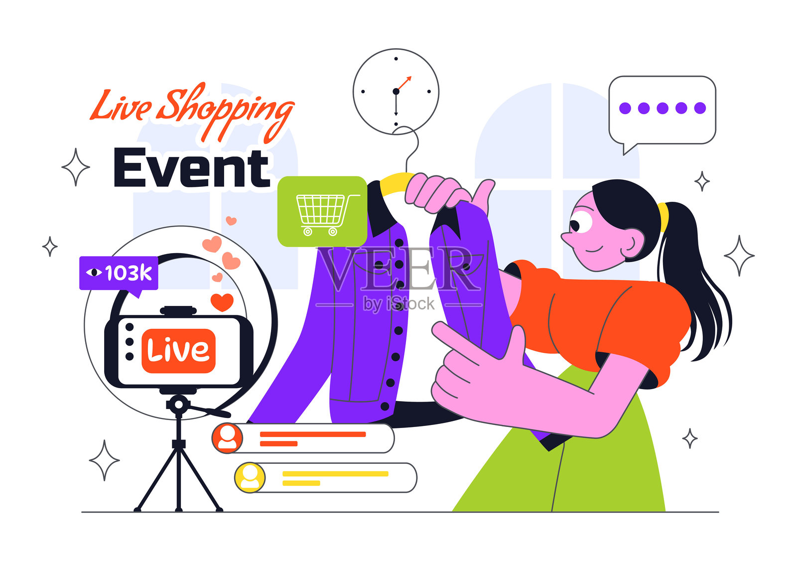 影响者直播购物活动插图，展示影响者和主持人销售商品以促进销售、折扣和免费邮寄优惠券插画图片素材