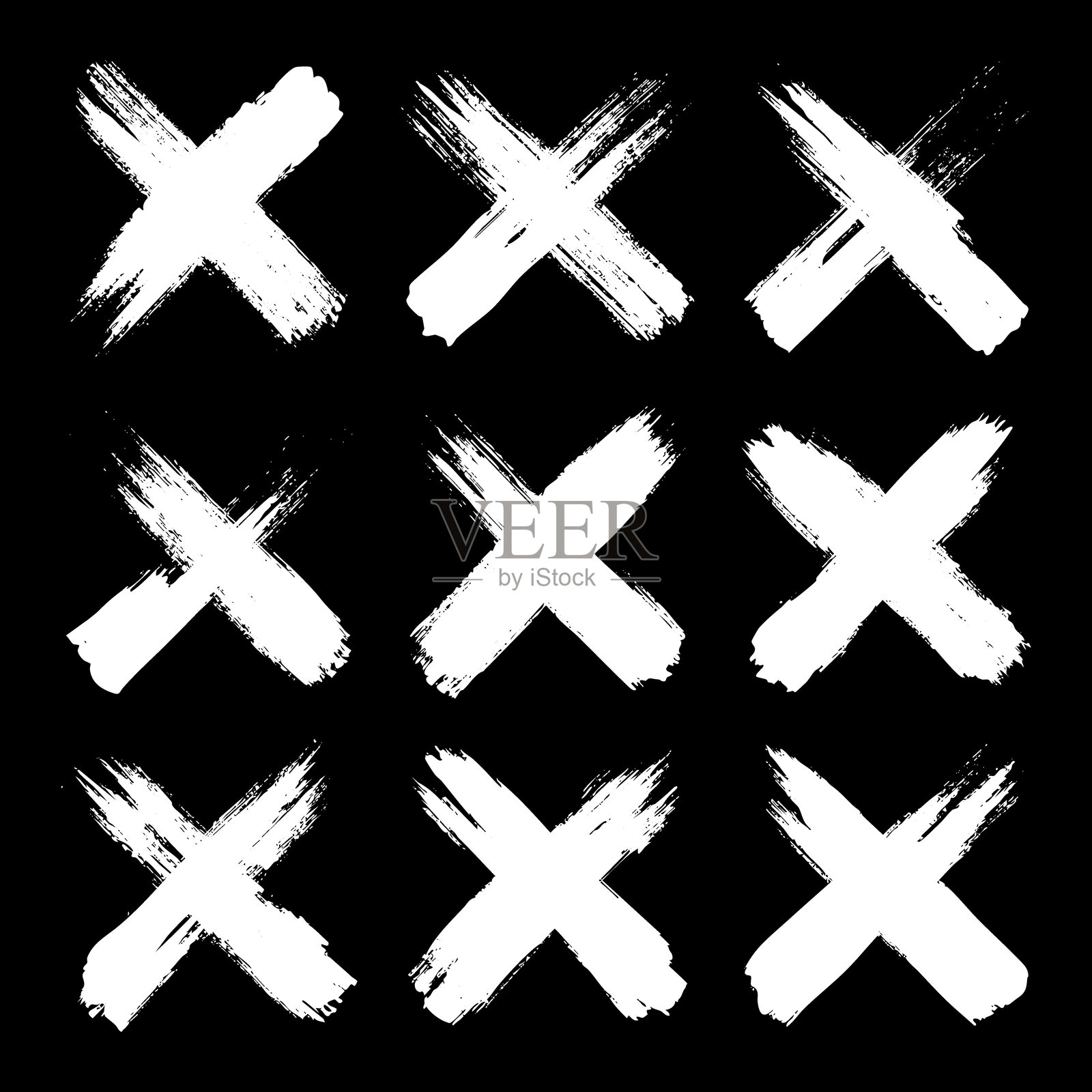磨损的十字架、笔触、X形标记、线条、墨水污迹、手绘涂鸦形状。手工草图标记、丙烯污点、炭笔划痕。油漆纹理、干刷效果。矢量插图插画图片素材