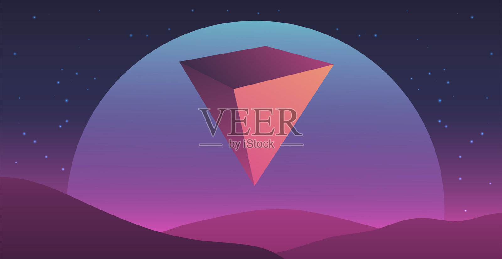 外星球的奇幻景观。矢量插图展示了沙漠和天空中的金字塔的行星表面。插画图片素材