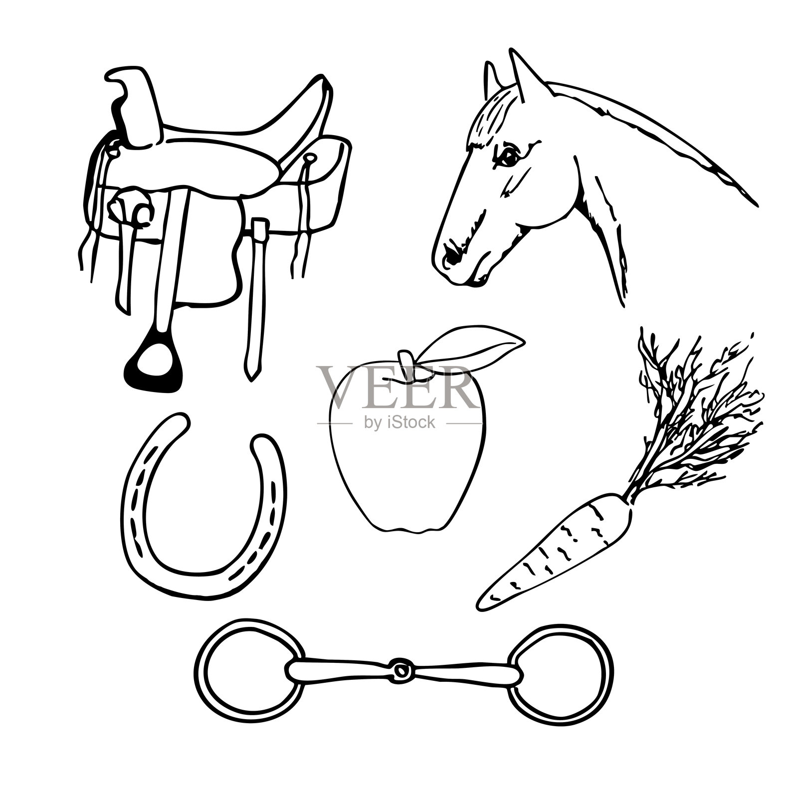 手绘西部矢量涂鸦。带有西部氛围的线条艺术插图，包括马、皮鞍、缰绳、马蹄铁、苹果和胡萝卜。插画图片素材