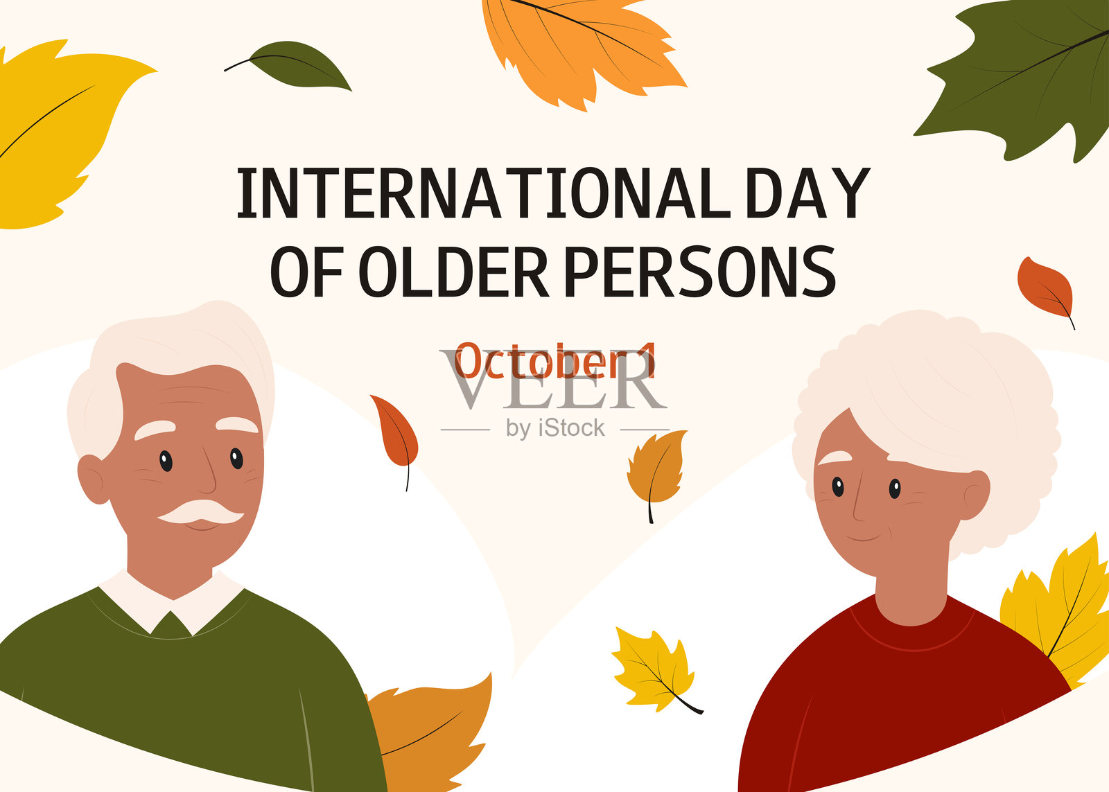 老年男女与秋天的落叶。国际老年人日。10月1日。插画图片素材