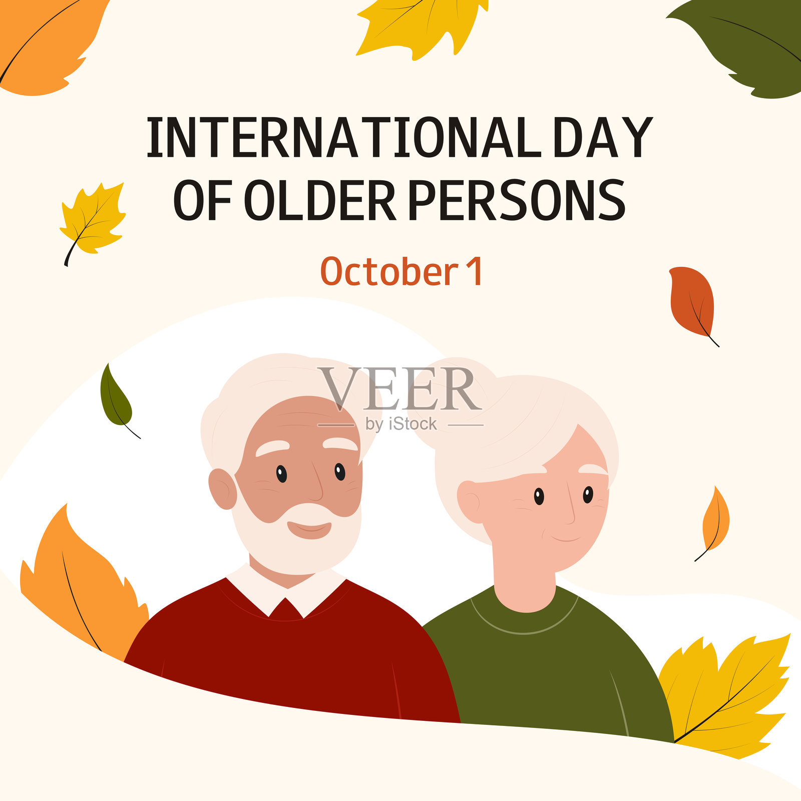 快乐的老年夫妇与秋天的落叶。国际老年人日。父母节。插画图片素材