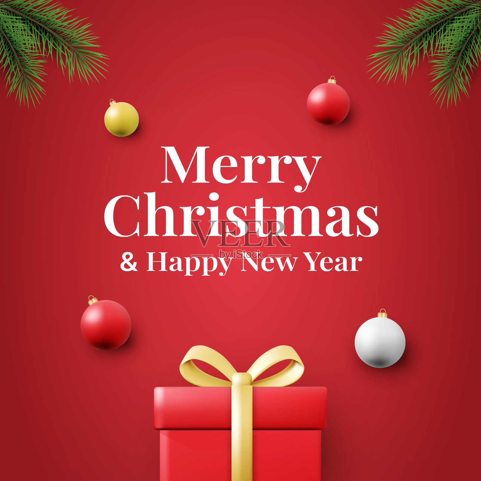 3D矢量插图渲染的圣诞快乐和新年快乐贺卡，配有红色礼品盒、装饰球和松枝，适用于海报、横幅和装饰。插画图片素材