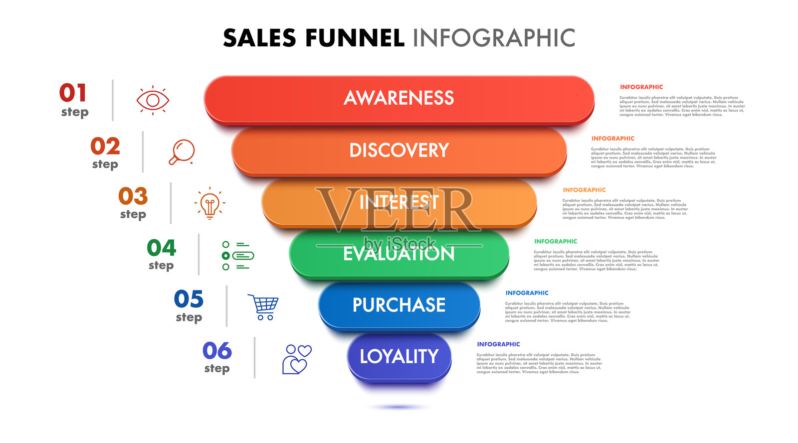 漏斗信息图，六个步骤，3D时尚风格，适用于销售策略、初创项目、商业策略、演示、理论基本操作、逻辑分析矢量图插画图片素材