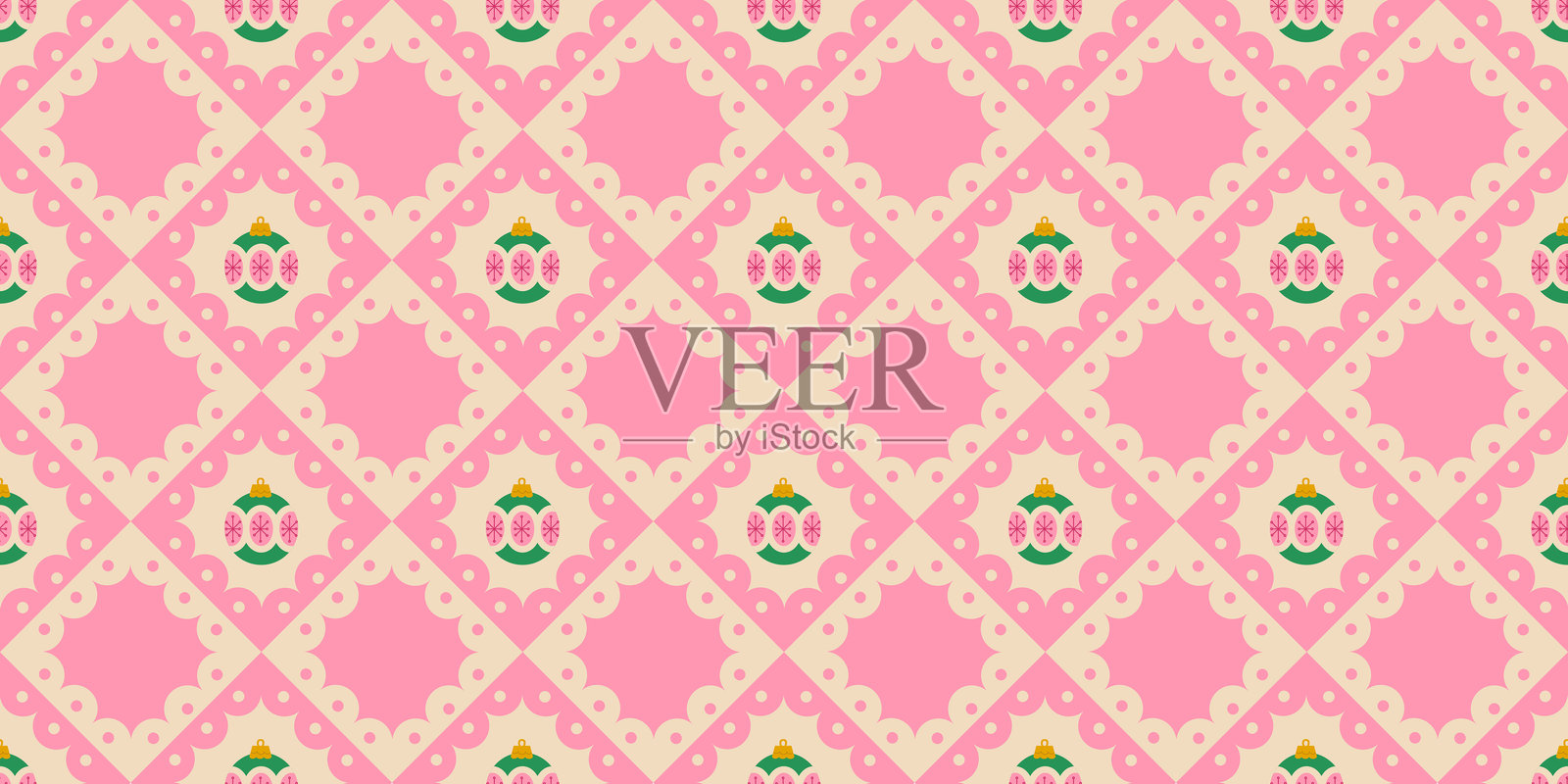 无缝复古圣诞图案，粉色格子透视背景上的圣诞气泡。适合冬季假期、礼品包装、纺织品、壁纸和季节性背景的节日几何设计。插画图片素材