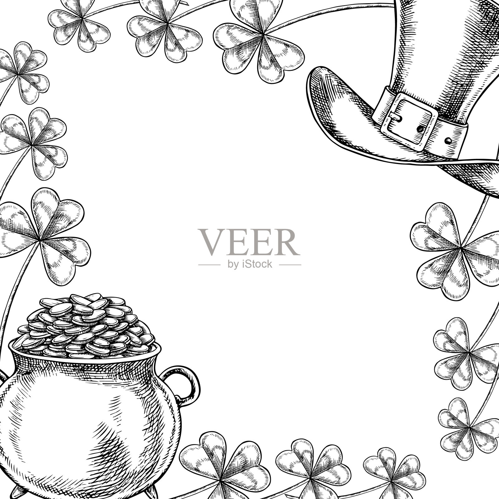 圣帕特里克节框架。矢量黑白图形插图。一个装满硬币的锅，三叶草叶子和小精灵的帽子。适用于贺卡、横幅和传单、包装、邀请函。插画图片素材