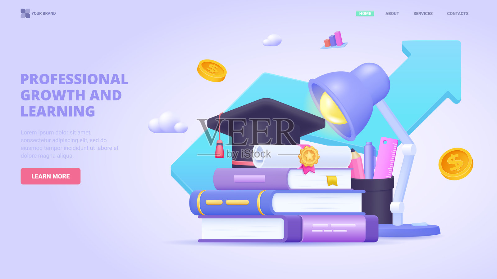 教育毕业概念，包含书籍、文凭、毕业帽、台灯和学习文具，象征学习、研究和职业成长。3D矢量插图。孤立的塑料卡通矢量英雄形象。插画图片素材