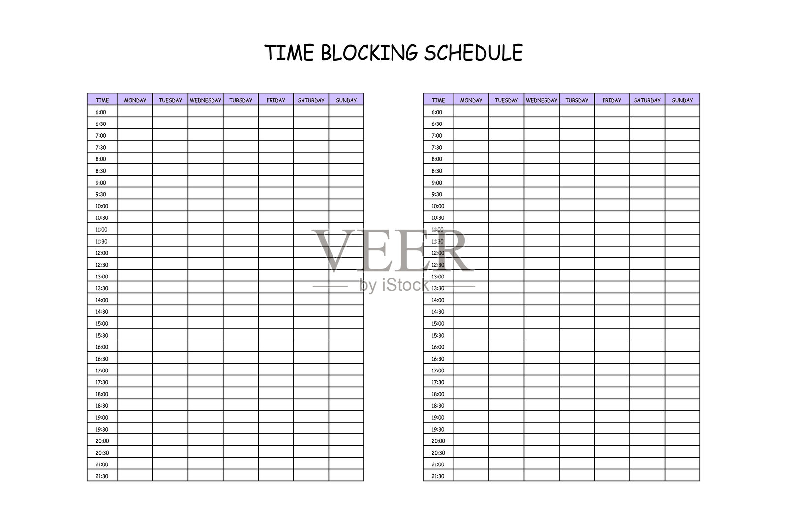 24小时每周计划 - 周一开始。日常安排和时间管理的模型。30分钟增量的每小时计划模板。时间规划器插画图片素材