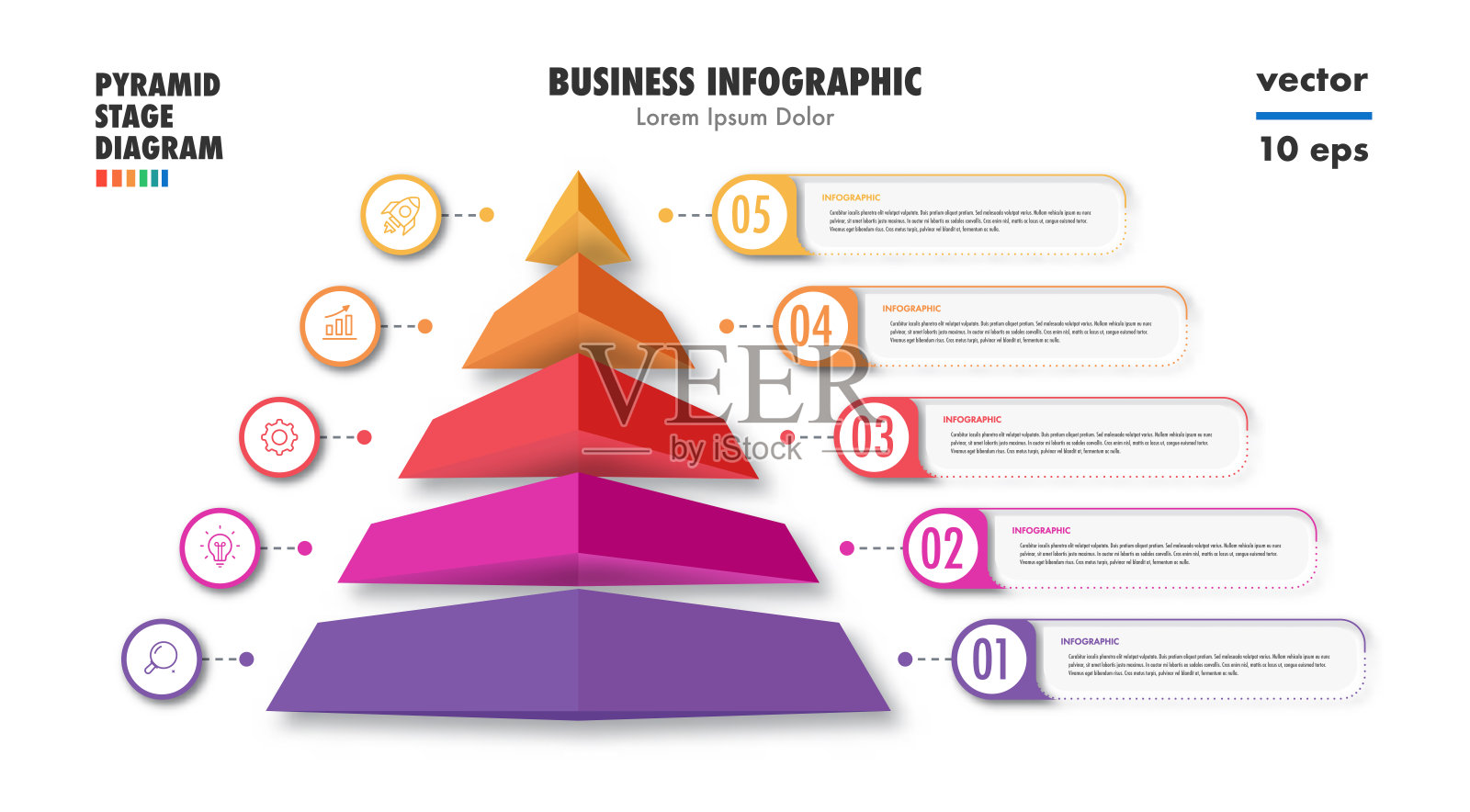 现代三维风格的五步金字塔信息图表矢量模板，用于演示、初创项目、商业战略、基本操作理论和逻辑分析插画图片素材