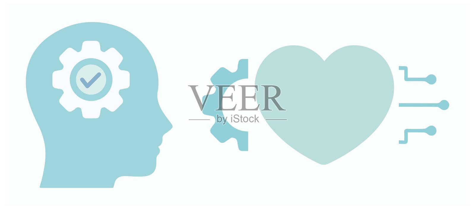 大脑、智力、思维、心脏、工作、心理健康、网络、人类。情感、感受、幸福、积极、头部。形状、集合、图标、矢量。插画图片素材