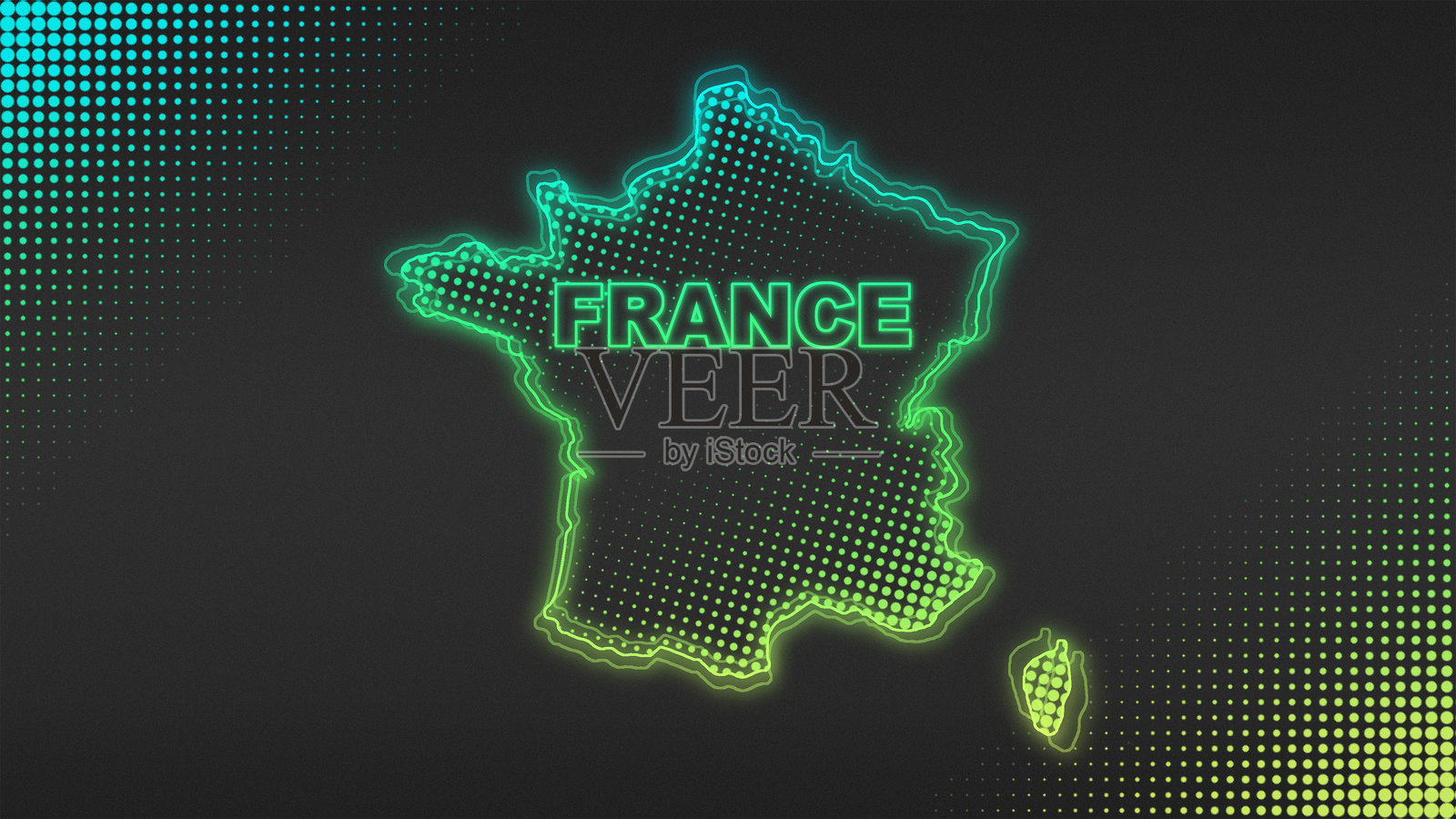 霓虹蓝黄法国地图轮廓未来感光晕半色调插图插画图片素材