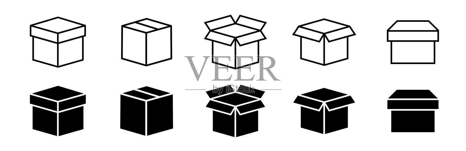 盒子图标集。产品包装纸箱运输包裹图标集合。打开和关闭的盒子矢量标志。打开的空立方体包装。插画图片素材