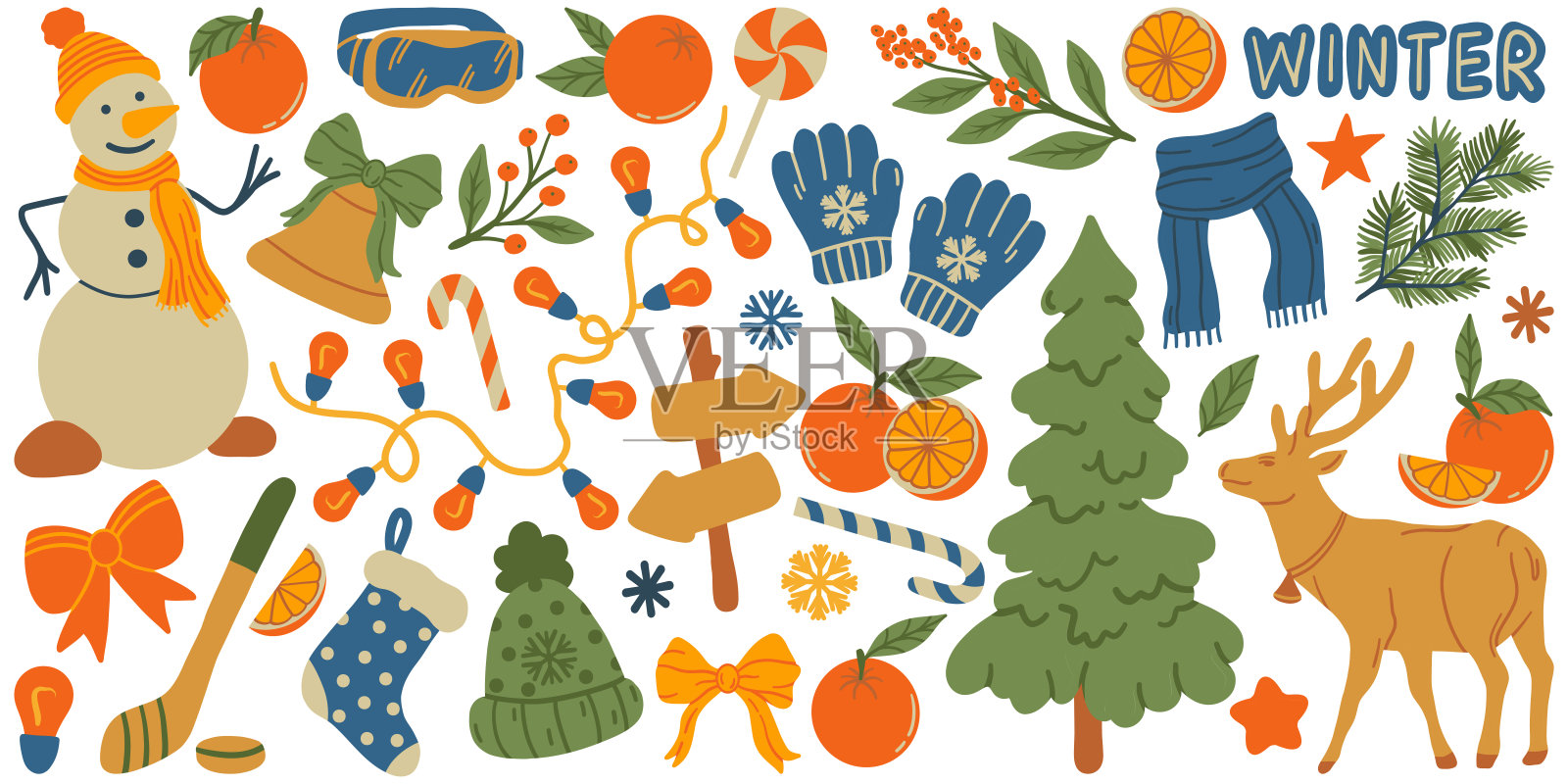 温馨的冬季假日圣诞设计元素组合。适合用于横幅、邀请函和装饰。彩色平面矢量插图，背景为白色。插画图片素材