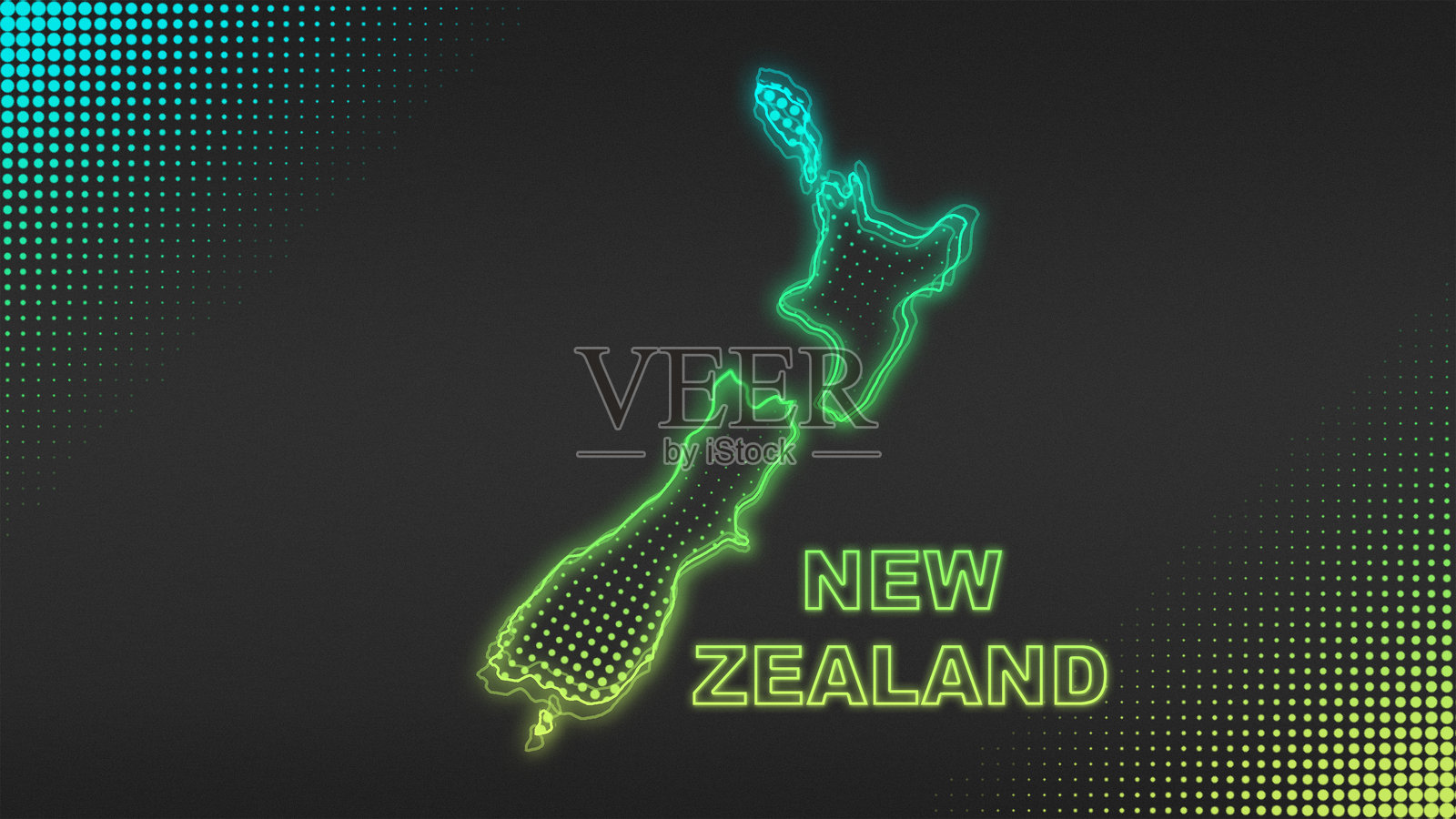 霓虹蓝黄新西兰地图轮廓未来感光晕半色调插图插画图片素材