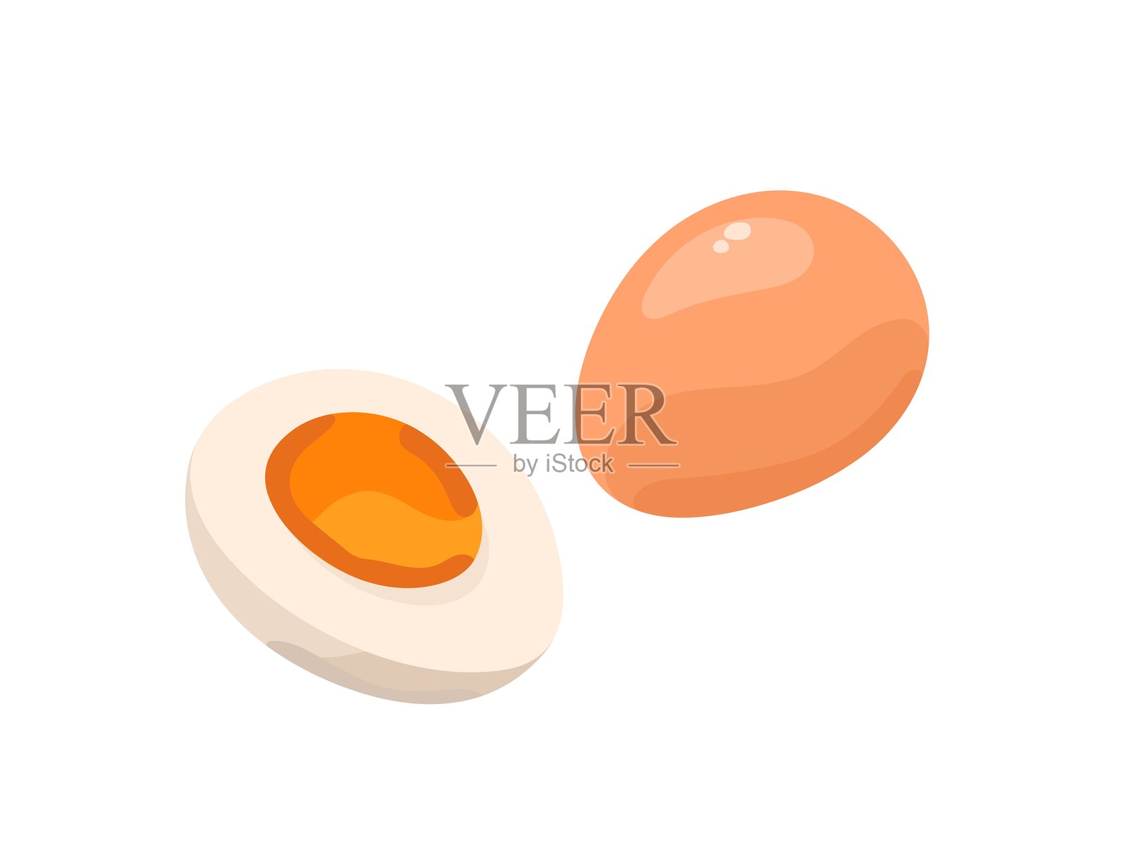 半个煮鸡蛋，蛋黄完整，外壳为棕色生鸡蛋。健康食品图标，天然蛋白质来源，农场饮食，有机产品。白色背景上的扁平化独立矢量插图。插画图片素材
