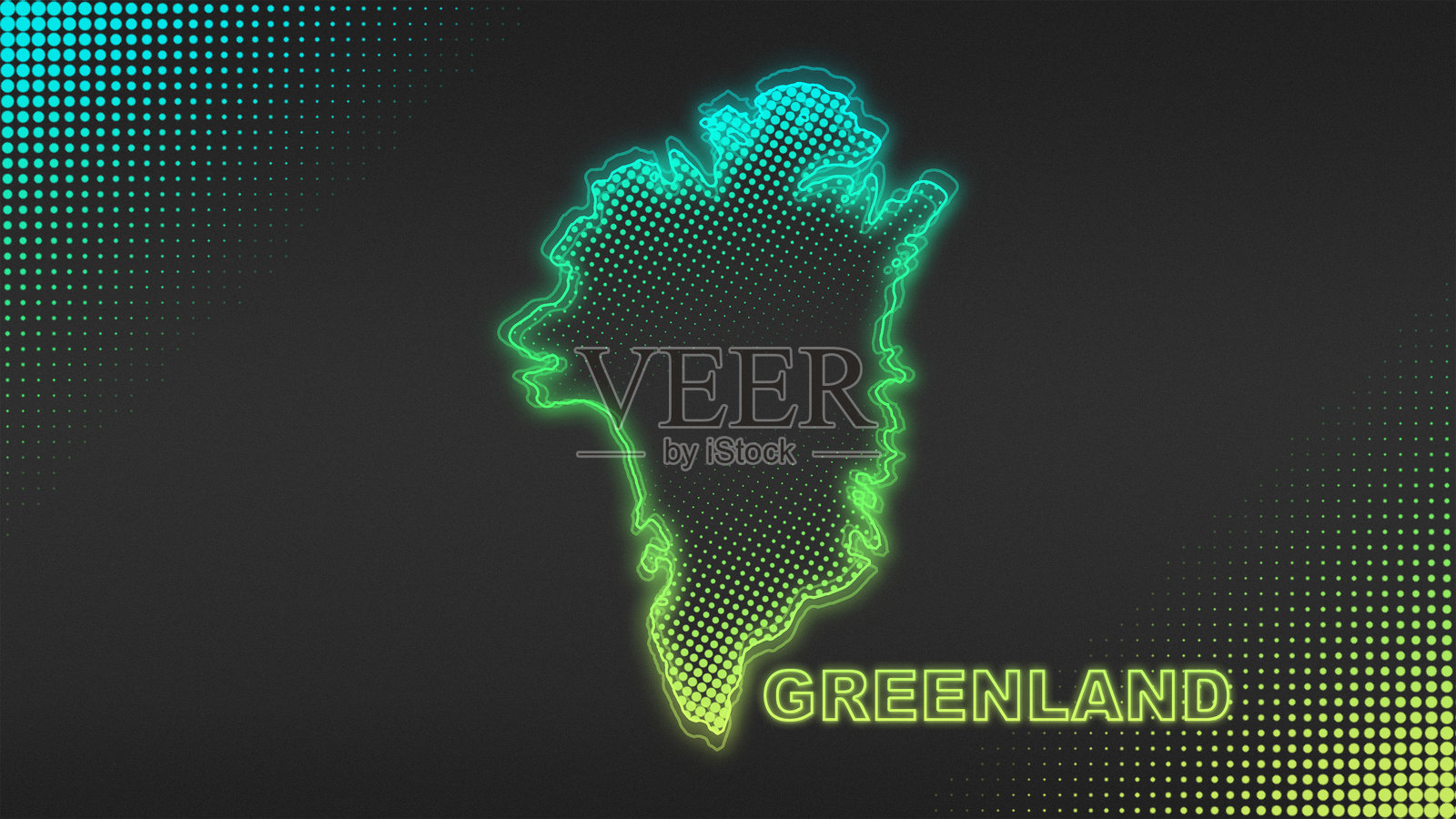 霓虹蓝黄格林兰地图轮廓未来感光晕半色调插图插画图片素材