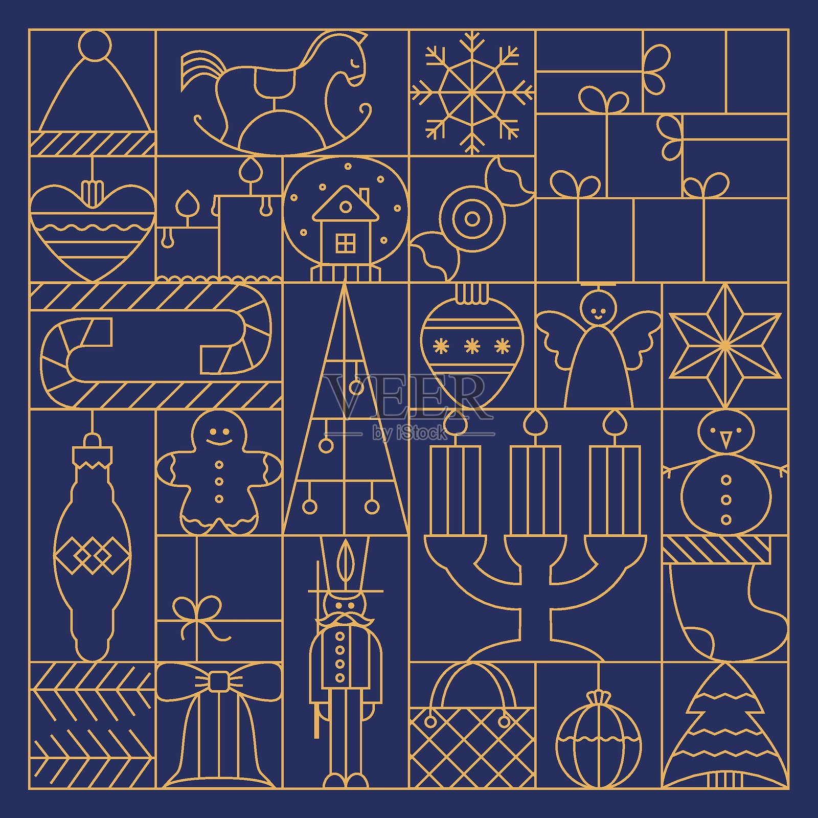 极简几何风格的节日圣诞金色网格，配有可爱的抽象矢量背景，包含礼物盒、蜡烛和冬季元素，适用于贺卡、降临日历和横幅。现代细线假日网格。插画图片素材