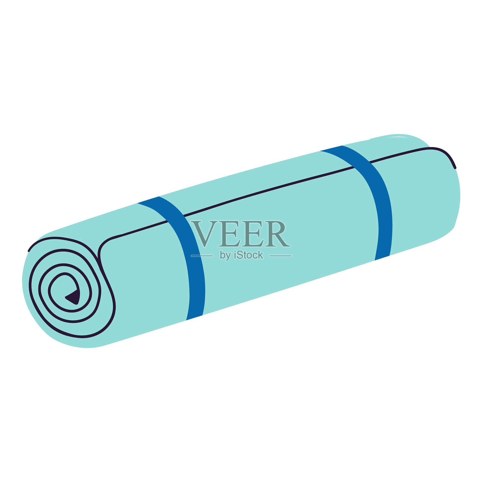 卷起的瑜伽垫，浅蓝色，蓝色带子，健身主题。运动，瑜伽练习，普拉提垫。矢量插图，手绘，扁平，涂鸦设计。露营和旅行垫。插画图片素材