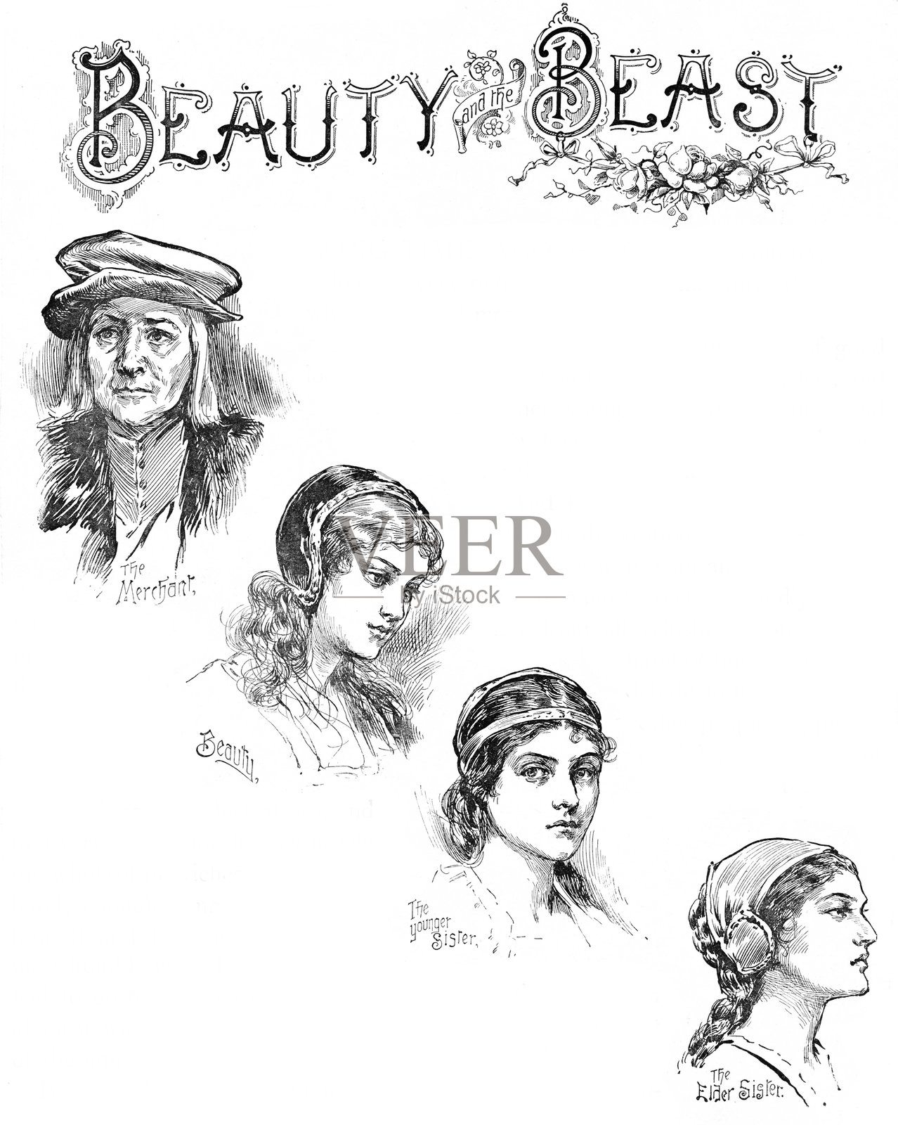 美女与野兽童话，商人与女儿们，系列第1部分，共17部分插画图片素材