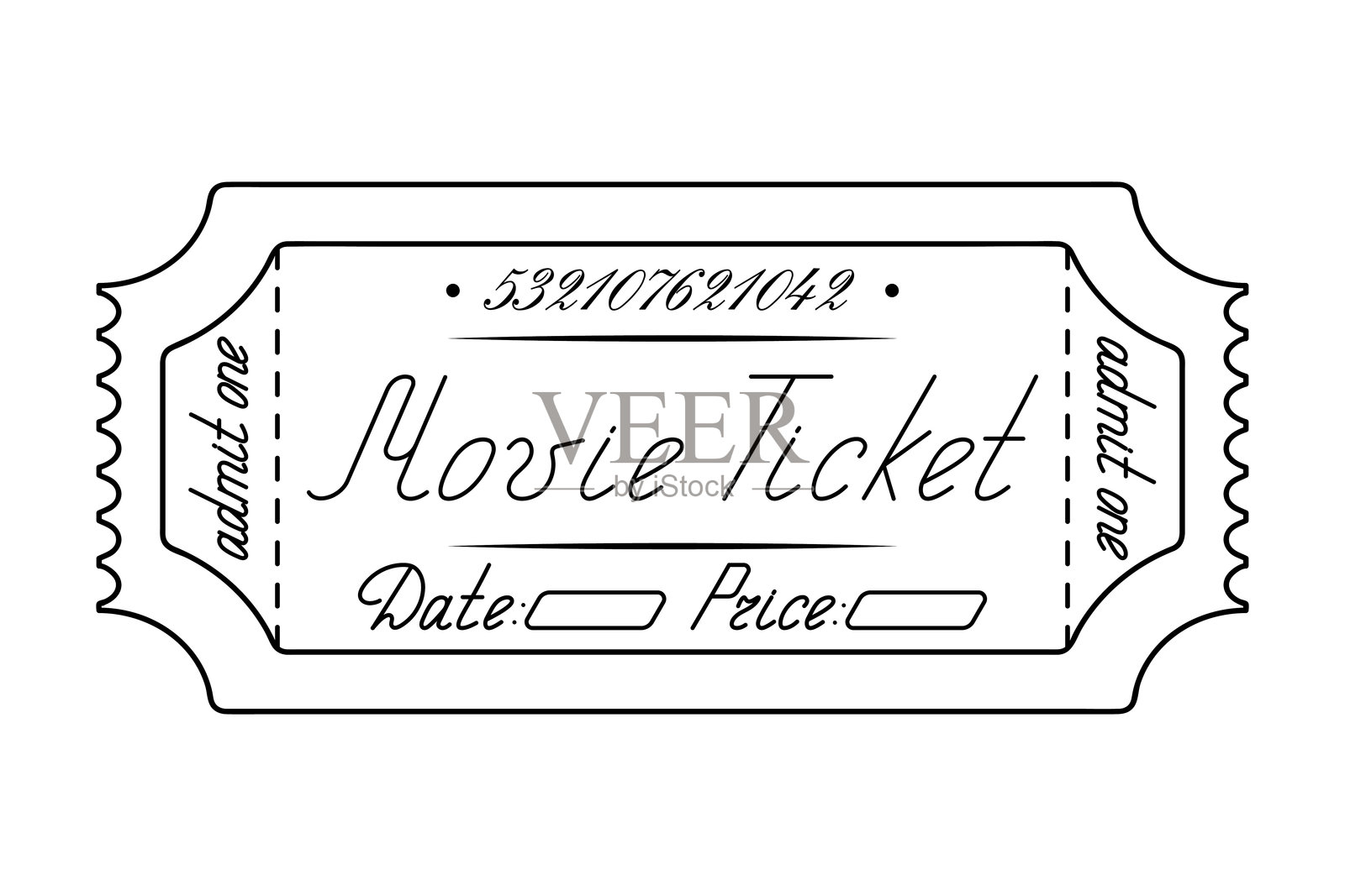 电影票。单人入场。日期和价格已标明。手写草书字母。插图。插画图片素材