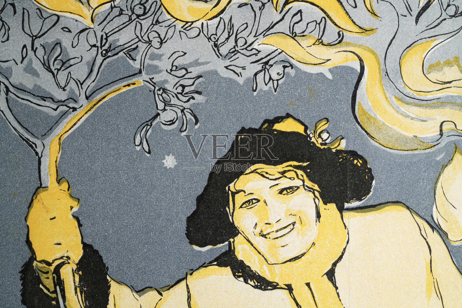 微笑的男人肖像，黄色，幸福，艺术新潮，青年风格，复古插图，1890年代，19世纪插画图片素材