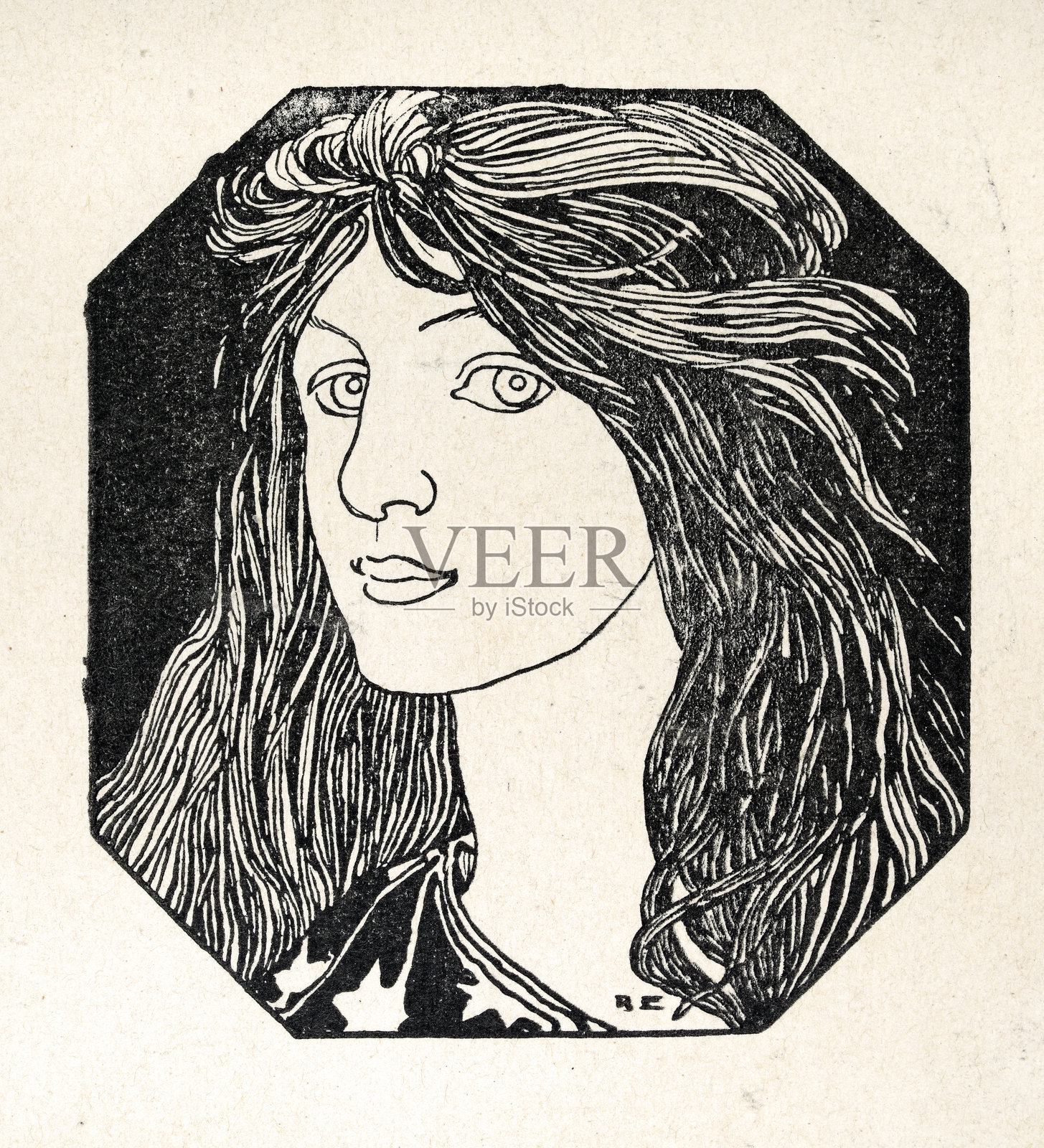 年轻女性的肖像素描，艺术新潮，青年风格，复古插图，1890年代，19世纪插画图片素材