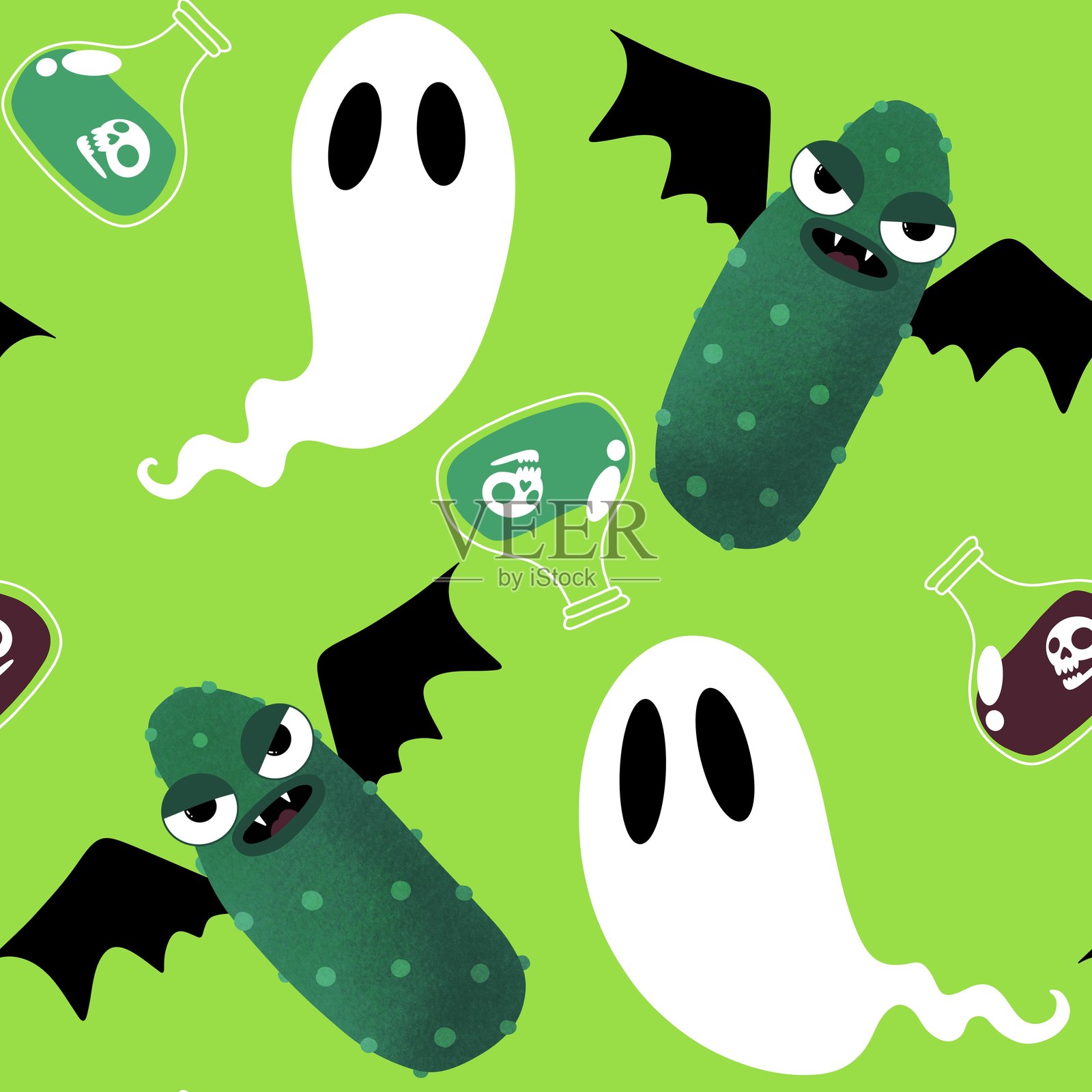 万圣节无缝蔬菜和水果图案，适用于面料、纺织品和包装插画图片素材