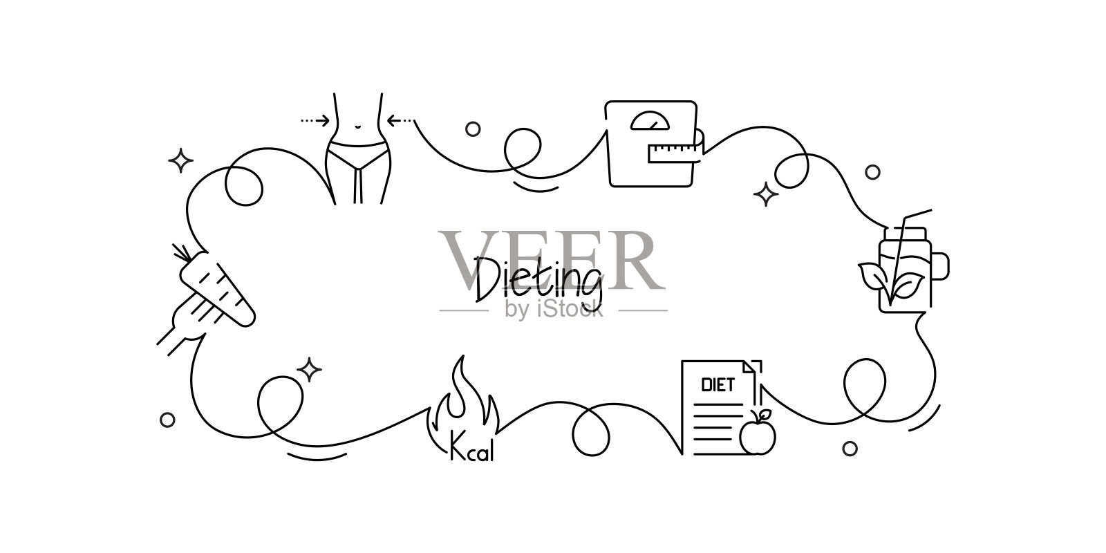 连续线条绘制的节食横幅设计。营养、锻炼、减重、燃烧卡路里插画图片素材