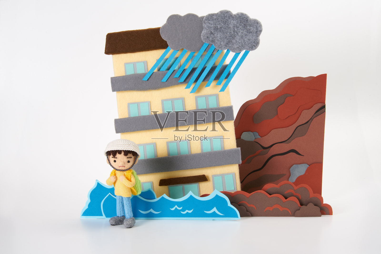 白色背景上的小巧可爱的毛线玩偶。自然灾害与撤离。照片摄影图片