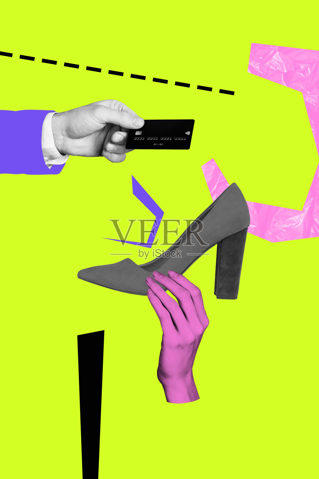 海报图像，垂直照片拼贴，手握鞋跟，黑色星期五促销，信用卡存款，无现金支付，折扣照片摄影图片