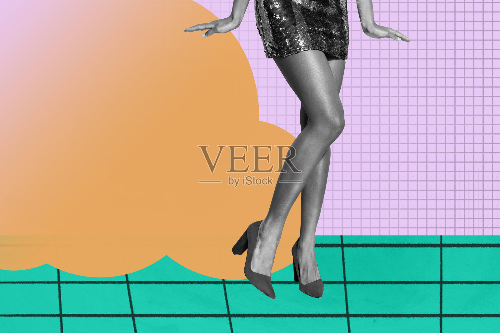 3D杂志全图艺术拼贴，描绘无身体女孩的脚在周末庆祝活动中跳舞，享受派对假日，放松迪斯科。照片摄影图片