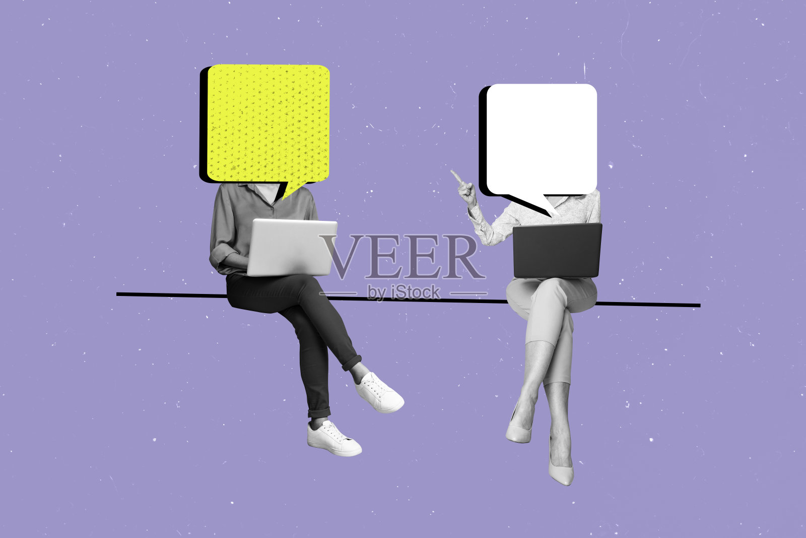 创意海报横幅，3D拼贴照片，两个匿名女孩用笔记本电脑代替头部的气泡沟通对话。照片摄影图片