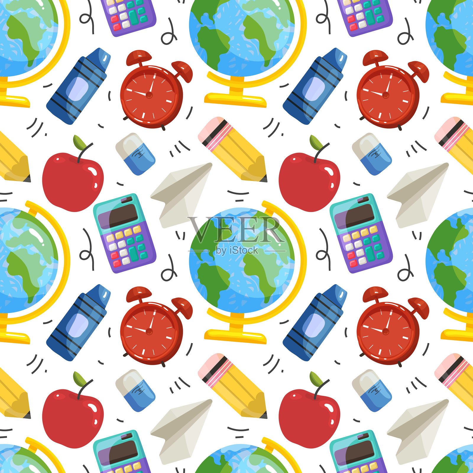 无缝的文具，彩色尺子，铅笔，红苹果，地球仪，闹钟，计算器，橡皮擦，适用于明信片、传单、横幅、纺织品和壁纸插画图片素材