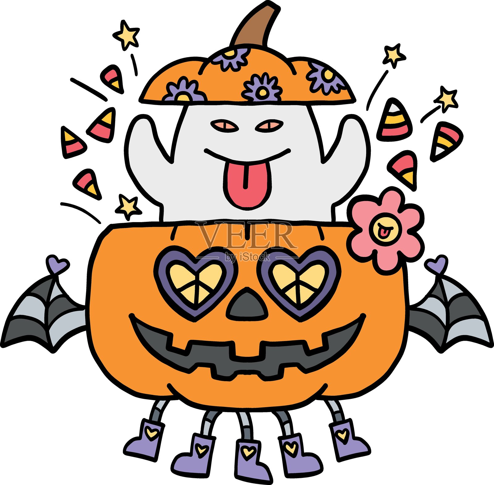 万圣节中，顽皮的鬼魂在南瓜里，带有奇幻的涂鸦色彩线条风格细节。插画图片素材