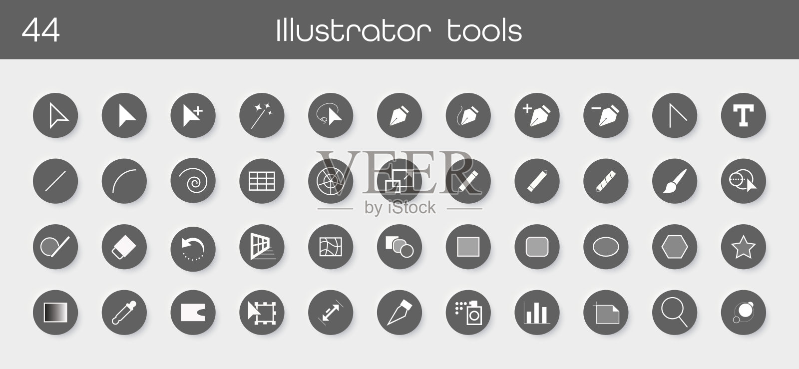 一套简单的平面风格编辑工具图标。该集合包括画笔、橡皮擦、裁剪、文本、缩放、移动、钢笔、渐变和其他用于创意设计和项目的符号。插画图片素材