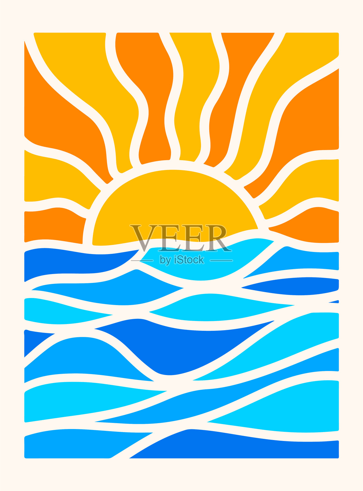 日落徽章插图。日落海滩标志设计。日落海滩夏季logo。海洋与太阳徽章。插画图片素材