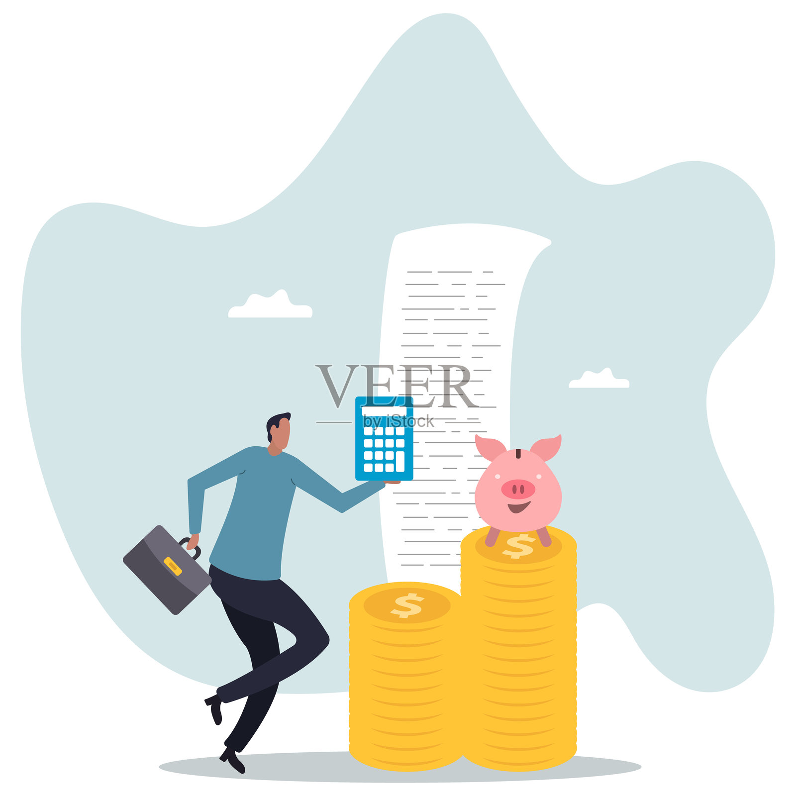 关于一个男人及其生活的预算、支出和成本计算，投资顾问或财务规划。插画图片素材