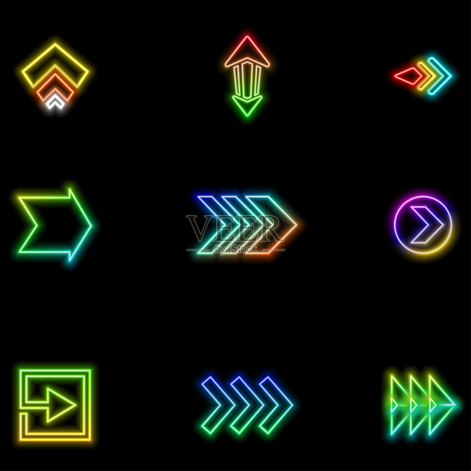 霓虹风格。霓虹双箭头旋转图标，回收，刷新圆圈或重启。双箭头。双面箭头图标集。切换图标，刷新箭头。插画图片素材