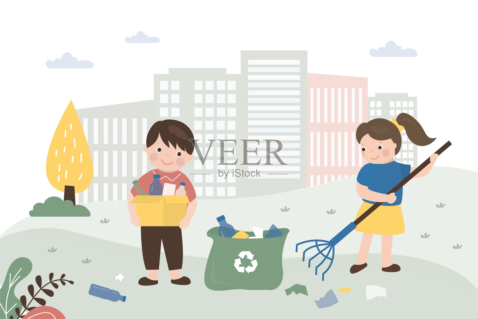 快乐的小女孩用耙子把垃圾放进袋子里，在花园或公园里清理。废物回收。孩子们在扫垃圾。环境保护。插画图片素材