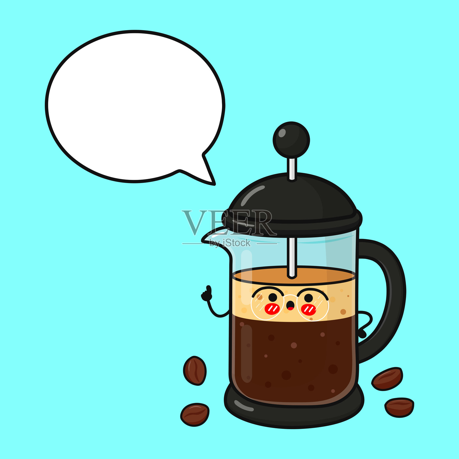 法式压滤咖啡壶卡通角色与表达思考的气泡插画图片素材